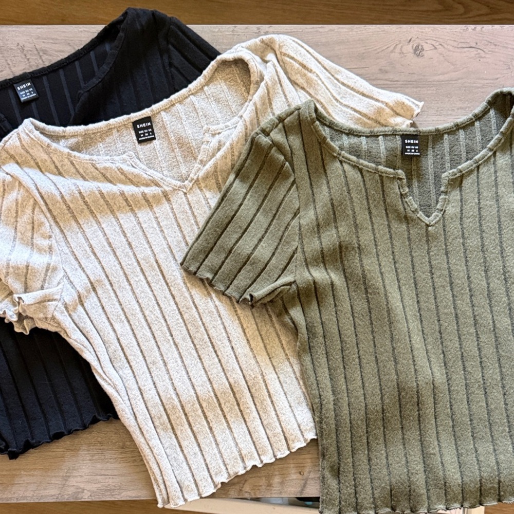 SHEIN Ribbed V-Neck Tops - Black, Cream, Green